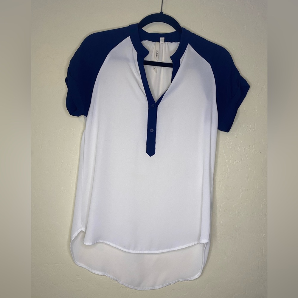 Blue & white short sleeve blouse